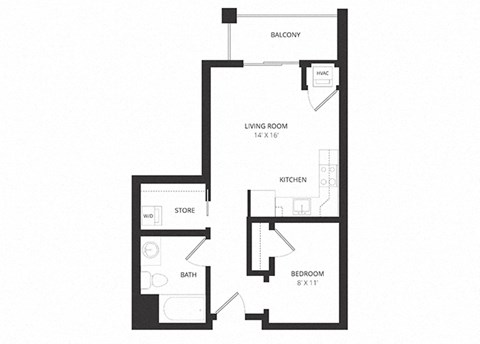 Floor plan for studio, 1 bath, 524 sqft